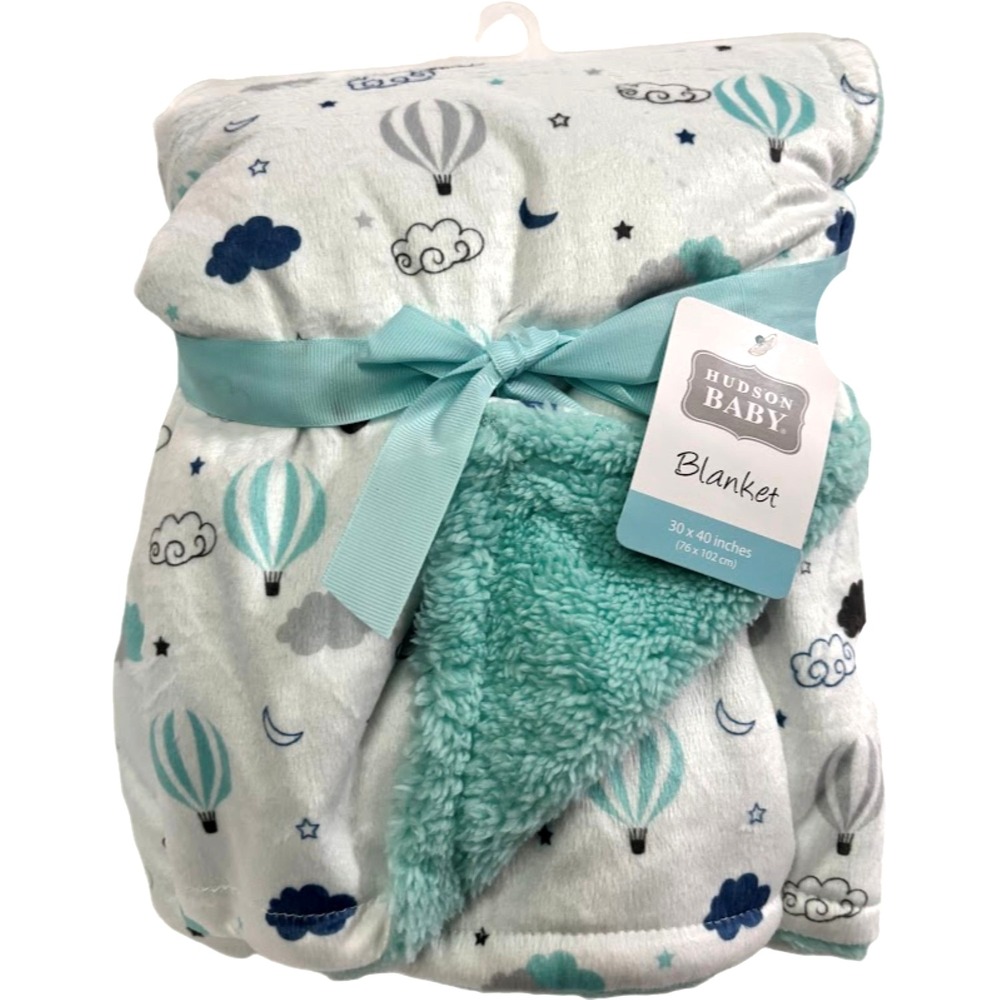 Hudson Baby Aqua Blue Sherpa Hot Air‎ Balloon Blanket Soft Lovey Unisex Clouds